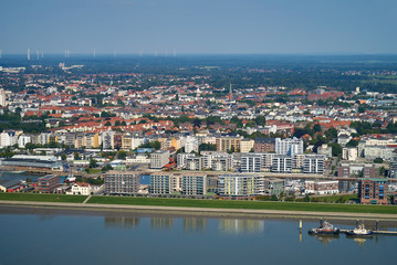 Bremerhaven, Germany - August 25, 2019: aerial view of the city with new apartment houses round the port 
