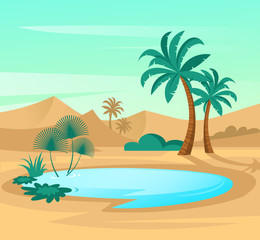 Fototapeta na wymiar Oasis in desert. Landscape scene in flat design. Vector illustration with sand dunes, blue lake and palms.