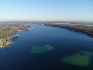 Fototapeta na wymiar Aerial view of blue lake Werbellinsee, Barnim, Brandenburg, Germany