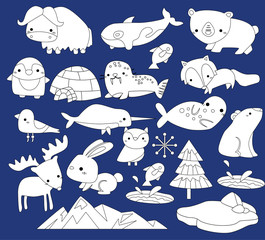 a vector of many arctic animal in black and white color
