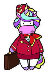 Vector illustration. Hand drawing cartoon unicorn stewardess in red uniform. Isolated on white. Cute character. Original print.