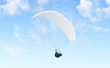 Blank white paraglider with person in harness mockup, sky background