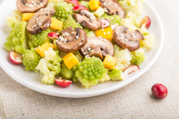 Vegetarian salad from romanesco cabbage, champignons, cranberry, avocado and pumpkin on a white wooden background. side view, selective focus