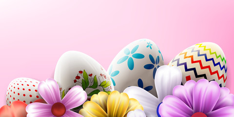 Happy Easter vector background concept with realistic Easter eggs and flowers. Vector Illustration for spring  Holiday ads, and invitations with text space. 
