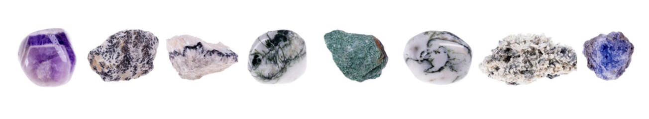 Collection of rock samples of minerals on an isolated white background