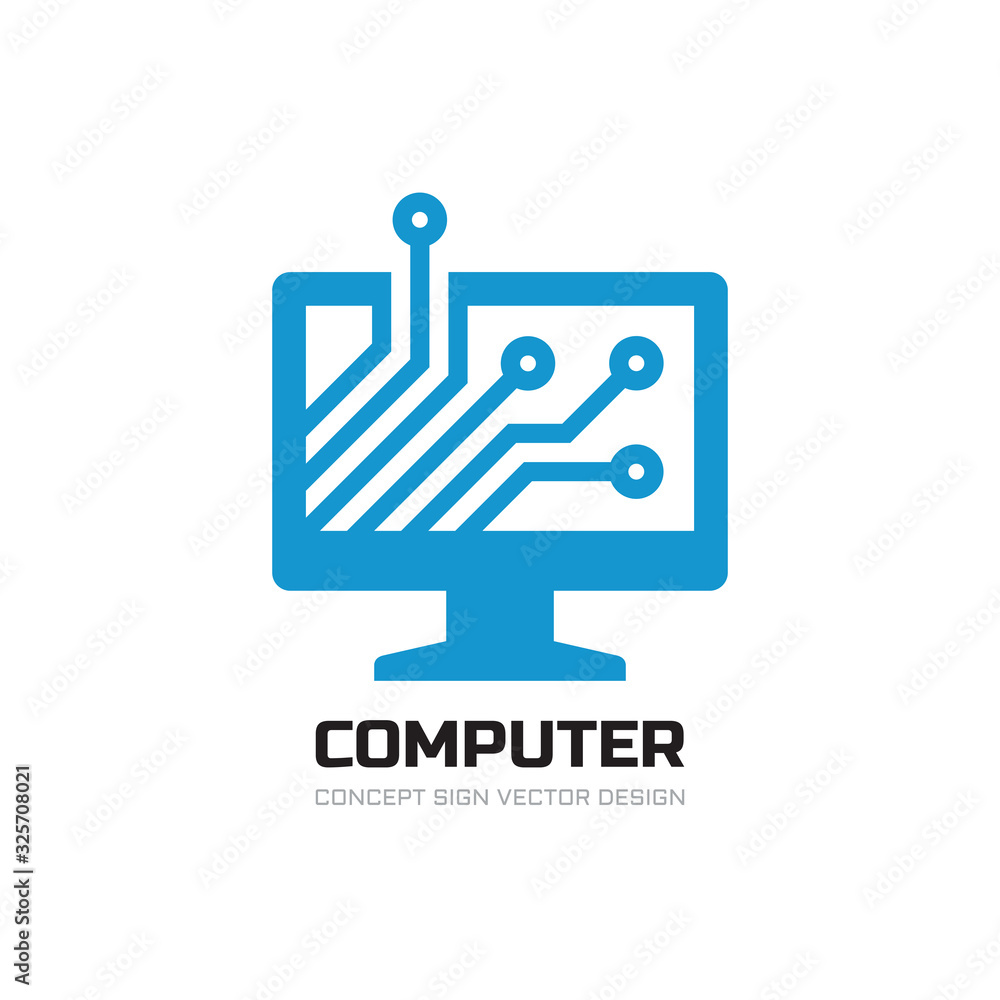 Poster computer network logo design. monitor display concept sign. hardware and software icon. modern elect