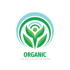 Organic product icon. Nature human character logo design. Green leaves logo symbol. Healthy concept logo sign. Vector illustration. 