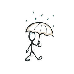 Man with umbrella walking in the rain. Rainy day, Rainy weather. Hand drawn. Stickman cartoon. Doodle sketch, Vector graphic illustration