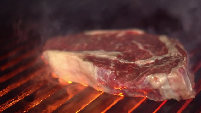 A piece of beef rib eye on the grill grill is fried on the barbecue. A delicious piece of meat is grilled over a fire