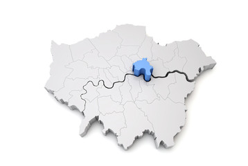Greater London map showing Tower Hamlets borough in blue. 3D Rendering