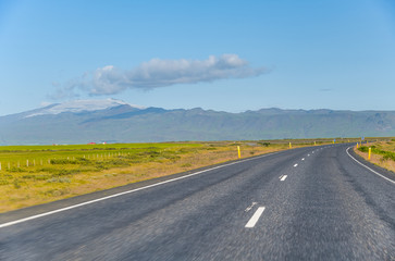 Beautiful landscape scenario with dramatic sky along the ring road, route 1 in Iceland