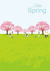 花見を楽しむ人々　縦構図　A4比率 - 文字つき "Hello Spring"