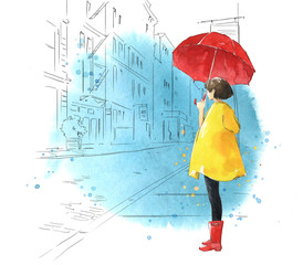 watercolor illustration of a young girl with umbrella  with a city scape on a background