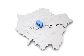 Greater London map showing Westminster borough in blue. 3D Rendering