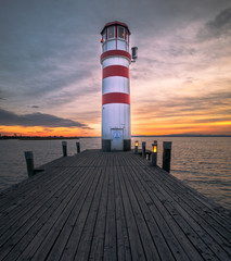 Lighthouse in Podersdorf am See at sunset, lake Neusiedler See, Burgenland, Austria