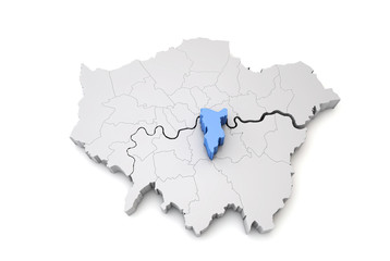 Greater London map showing Southwark borough in blue. 3D Rendering