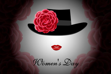 Greeting card for Women's Day. Illustration of a passionate woman, a girl in a black hat with a rose and bright lips.