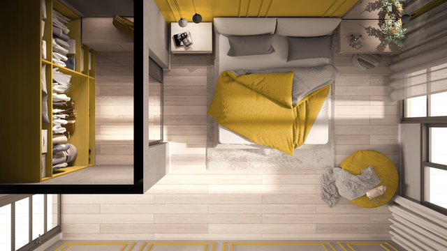 Minimal classic bedroom in yellow tones with walk-in closet, double bed with duvet and pillows, side tables and carpet. Top view, plan, above, cross section, interior design idea