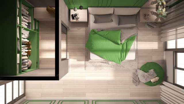 Minimal classic bedroom in green tones with walk-in closet, double bed with duvet and pillows, side tables and carpet. Top view, plan, above, cross section, interior design idea