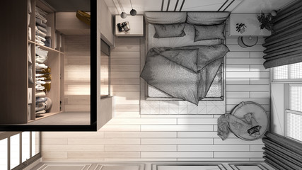 Architect interior designer concept: unfinished project that becomes real, minimal classic bedroom with walk-in closet, bed, duvet. Top view, plan, above, cross section, design idea