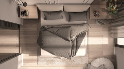 Minimal classic bedroom in beige tones, double bed with duvet and pillows, side tables, lamps, carpet. Parquet floor, top view, plan, above, cross section, interior design idea