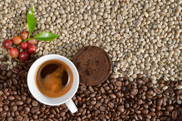 Espresso coffee in a white cup on the background is an Arabica coffee bean.