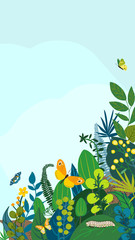 Beautiful floral background, frame. Green leaves, colorful flowers, caterpillar and butterflies. Spring, summer corner for social network backdrop, invitation, wedding, birthday. Vector illustration.