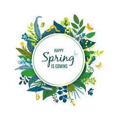 Beautiful floral round frame, text Happy Spring is coming. Green leaves, colorful flowers, caterpillar, butterflies. Summer card for invitation, wedding, birthday, holiday. Vector illustration.