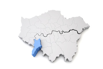 Greater London map showing Kingston upon Thames in blue. 3D Rendering