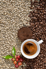 Espresso coffee in a white cup on the background is an Arabica coffee bean.