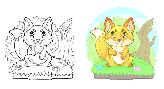 cartoon cute little fox sitting by the bush, funny illustration