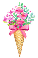 Bouquet waffle cone ice cream flowers bow delicate gift postcard creative watercolor isolated