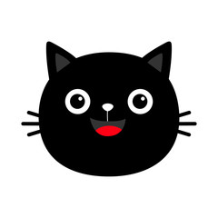 Black cat round face head silhouette icon. Cute cartoon smiling character. Kawaii animal. Scandinavian style. Baby card. Pet collection. Flat design. White background. Isolated.