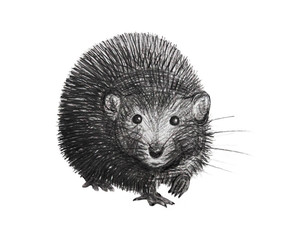 black pencil drawing of a rat on a white background