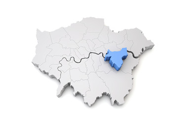 Greater London map showing Greenwich borough in blue. 3D Rendering