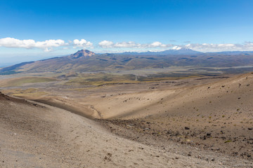 View from Cotopaxi volvcano during trekking trail. Cotopaxi National Park, Ecuador. South America.