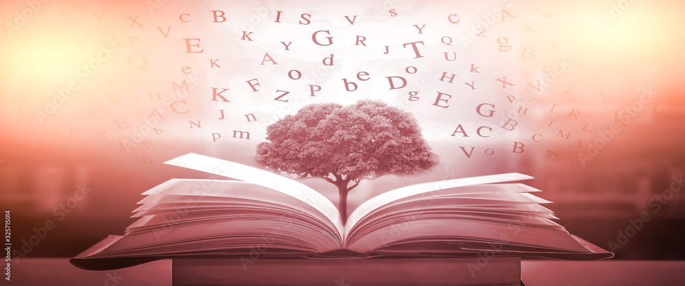 Poster imagine opening an old book blurred with magic power on the table and the english alphabet floating 