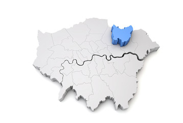 Greater London map showing Redbridge borough in blue. 3D Rendering