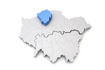 Greater London map showing Barnet borough in blue. 3D Rendering
