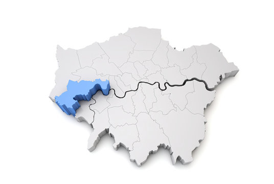 Greater London map showing Hounslow borough in blue. 3D Rendering