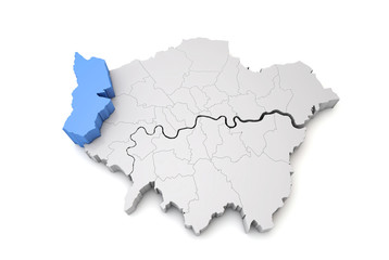 Greater London map showing Hillingdon borough in blue. 3D Rendering