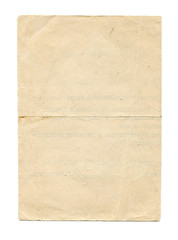 Vintage light paper blank isolated on white background. Paper texture for design.