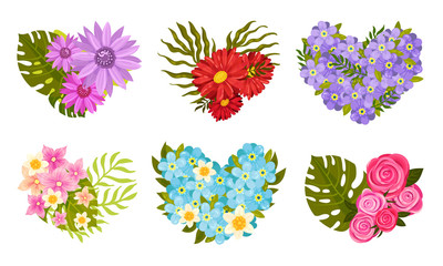 Heart Shaped Floral Compositions with Tropical Leaves and Flowers Vector Set