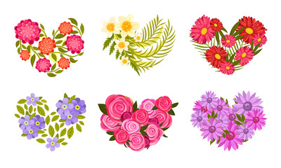 Heart Shaped Floral Compositions with Tropical Leaves and Flowers Vector Set