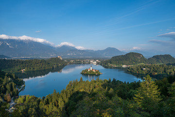 Aerial view of the Pilgrimage Church of the Assumption of Maria on Bled Island in Bled Lake, Slovenia
