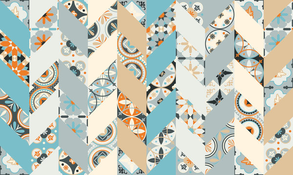 Mega Gorgeous seamless patchwork pattern from colorful Moroccan, Portuguese tiles herringbone pattern,  ornaments.. Can be used for wallpaper, pattern fills, web page background,surface texture