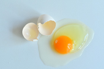 broken raw egg on a white background