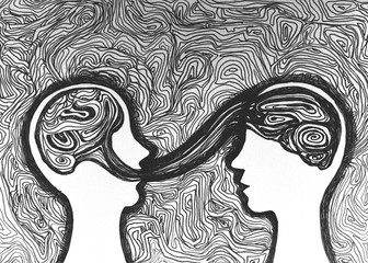 Dialogo, comunicazione tra due persone. Disegno grafico creativo. Forza del cervello umano. Terapia. Psicologo.