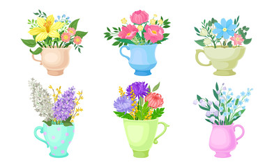 Flowers Standing in Different Vases and Pots Vector Set