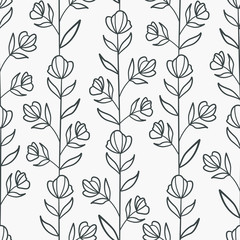 Vector seamless pattern with black vertical flower twigs on gray background; floral abstract design for fabric, wallpaper, textile, web design.